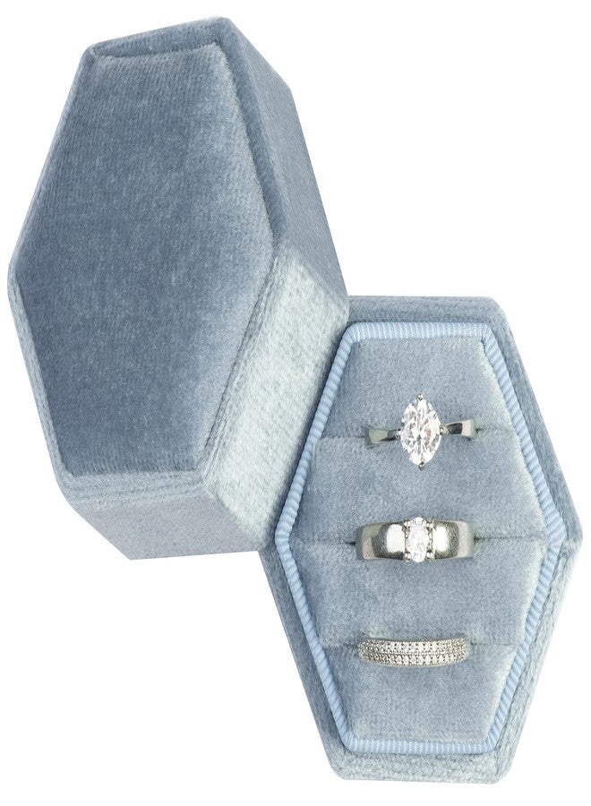 Giftop Equal Hexagon Velvet Ring Box Storage 3 Slots for Wedding Ceremony Proposal Engagement Birthday (Light Ocean Blue) - Image 1