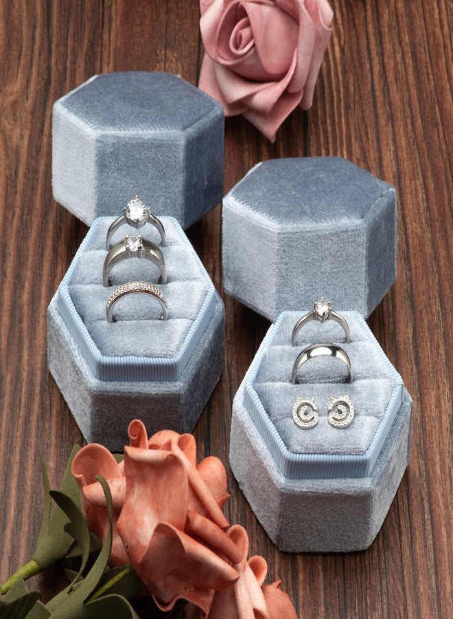 Giftop Equal Hexagon Velvet Ring Box Storage 3 Slots for Wedding Ceremony Proposal Engagement Birthday (Light Ocean Blue) - Image 5