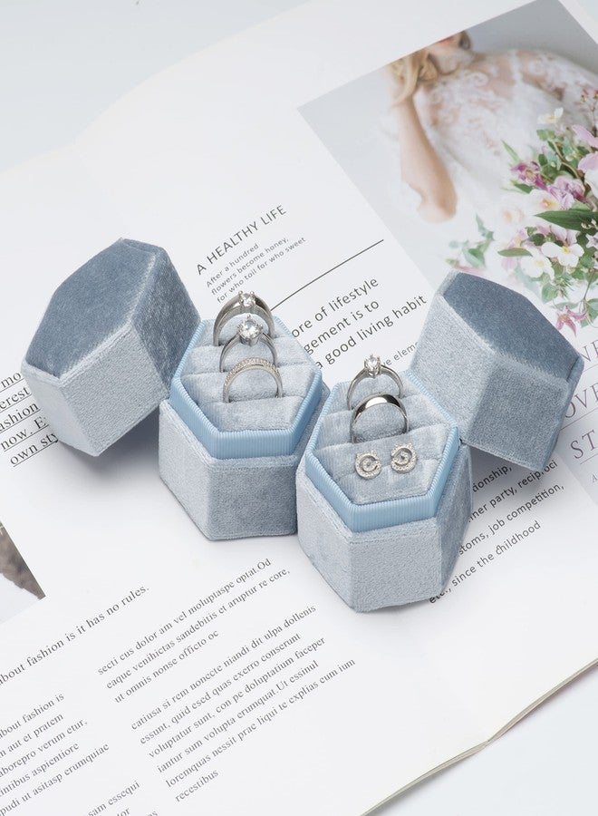 Giftop Equal Hexagon Velvet Ring Box Storage 3 Slots for Wedding Ceremony Proposal Engagement Birthday (Light Ocean Blue) - Image 4
