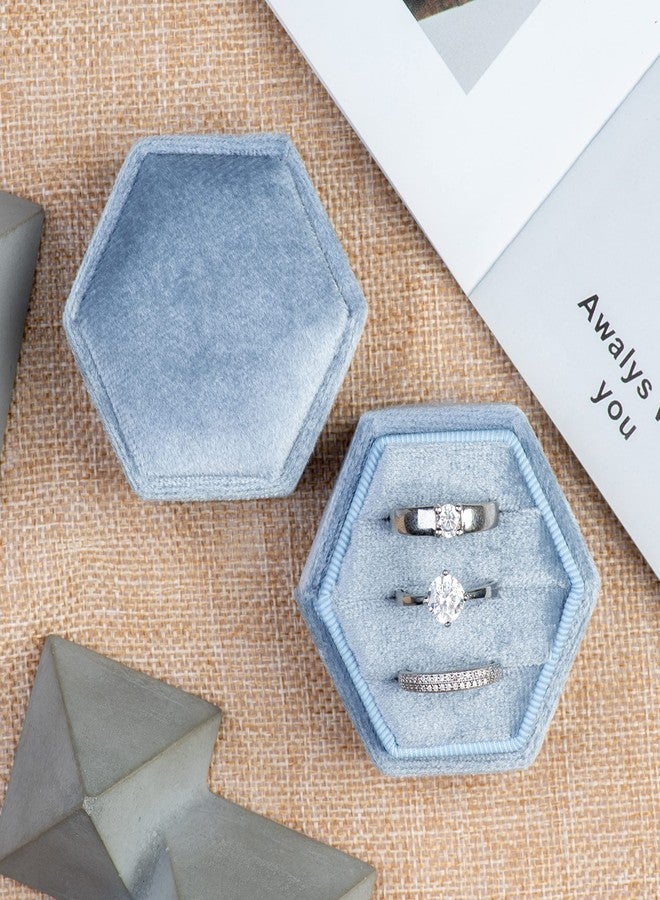 Giftop Equal Hexagon Velvet Ring Box Storage 3 Slots for Wedding Ceremony Proposal Engagement Birthday (Light Ocean Blue) - Image 3
