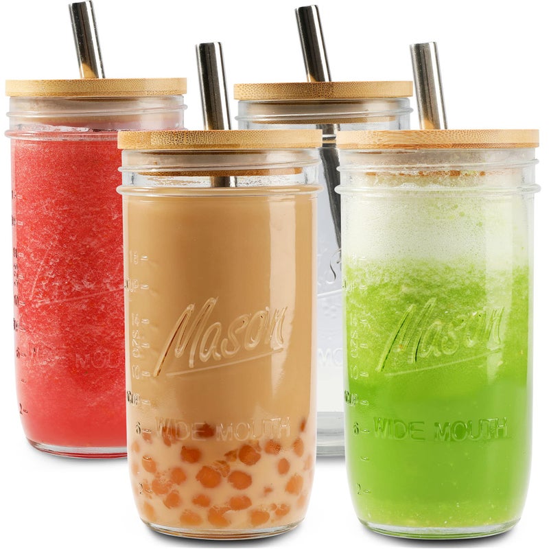 Mason 4 Pack Reusable Tea Cups, Glass Jars 24oz Wide Mouth Smoothie Cups with Bamboo Lids and Silver Straws, Drinking Glass Bubble Tea Cups for Iced Coffee Travel Bottle - Image 1