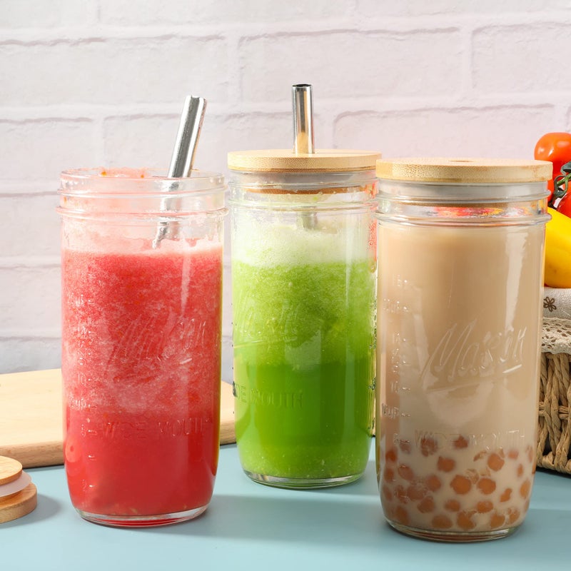 Mason 4 Pack Reusable Tea Cups, Glass Jars 24oz Wide Mouth Smoothie Cups with Bamboo Lids and Silver Straws, Drinking Glass Bubble Tea Cups for Iced Coffee Travel Bottle - Image 5
