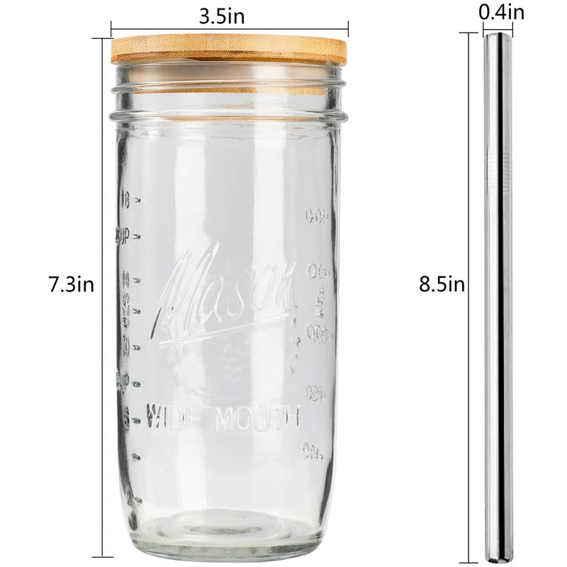Mason 4 Pack Reusable Tea Cups, Glass Jars 24oz Wide Mouth Smoothie Cups with Bamboo Lids and Silver Straws, Drinking Glass Bubble Tea Cups for Iced Coffee Travel Bottle - Image 2