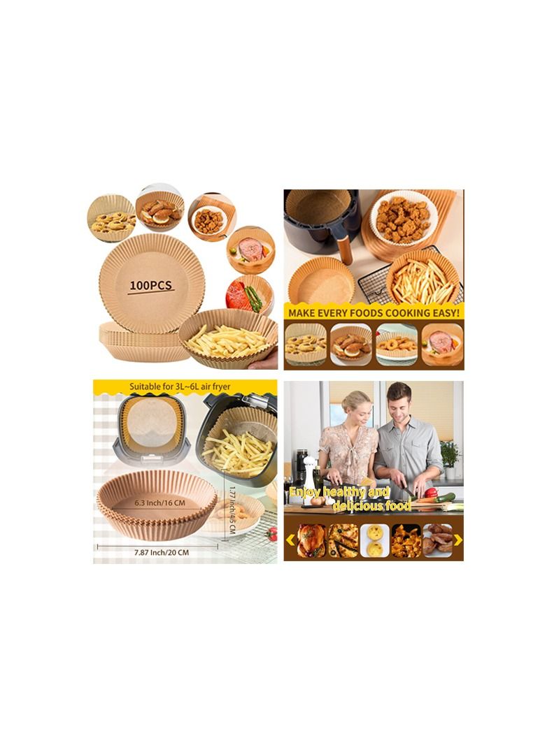 100-Pieces Disposable Paper Plate, Non-Stick Multiuse for Frying, Round Parchment Paper, Air Fryer, Microwave, Oven, Baking Frying Pan Kitchen Accessories Brown Colour - Image 1