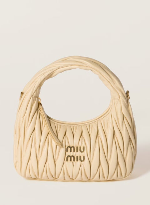 حقيبة هوبو من جلد النابا المبطن من MIU Wander، حقيبة توت نسائية، حقيبة كروس نسائية، حقيبة يد نسائية، حقيبة كتف نسائية، حقيبة سفر نسائية، بيج