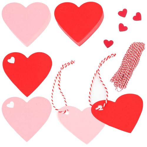 DERAYEE 100 Pcs Valentine Gift Tags with String, Heart Shaped Kraft Paper Tags for Wedding, Valentine's Party DIY Wrapping (Red, Pink) - Image 1