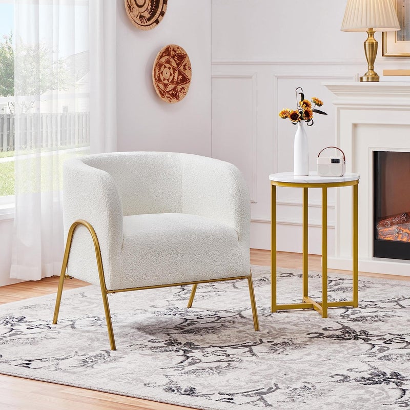 Yaheetech Accent Chair Modern Barrel Chair Boucle Fabric Vanity Chair with Golden Legs Cozy Fuzzy Armchair for Living Room Makeup Room Bedroom Reading Nook Ivory