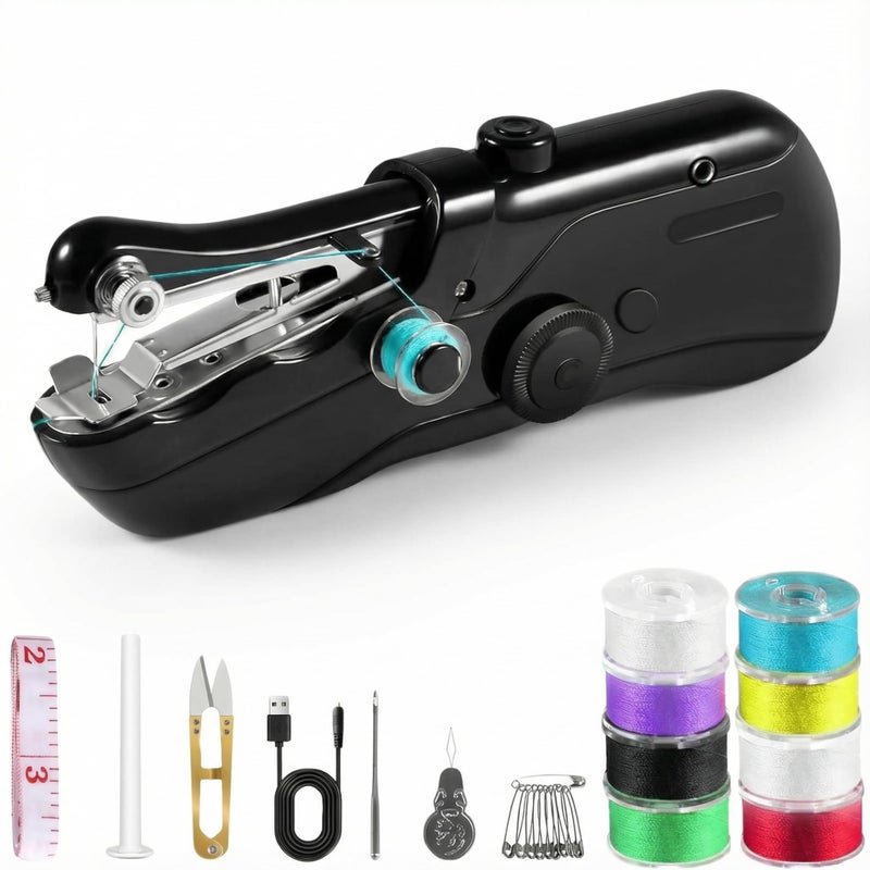 DRAWSKIN Portable Handheld Sewing Machine for Adults - Mini Hand Held Sewing Stitching Machine for Beginners - Small Electric Cordless for Quick Fabric Home Travel Clothes Pants DIY Fabric Denim (Black) - Image 1