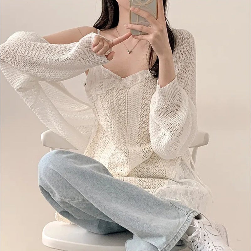Fairy White Lace Hollow Suspender Dress For Women Korean Niche Gauze Skirt Slimming Layered Lace-Up Elegant Short Skirt - Image 5