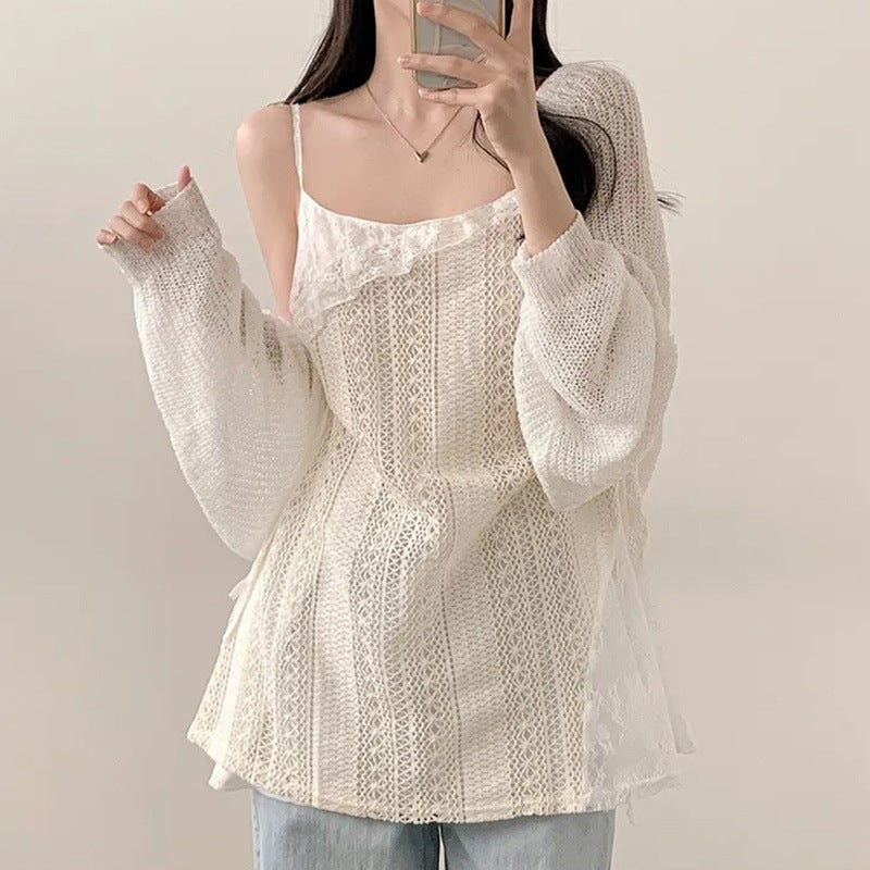 Fairy White Lace Hollow Suspender Dress For Women Korean Niche Gauze Skirt Slimming Layered Lace-Up Elegant Short Skirt - Image 4