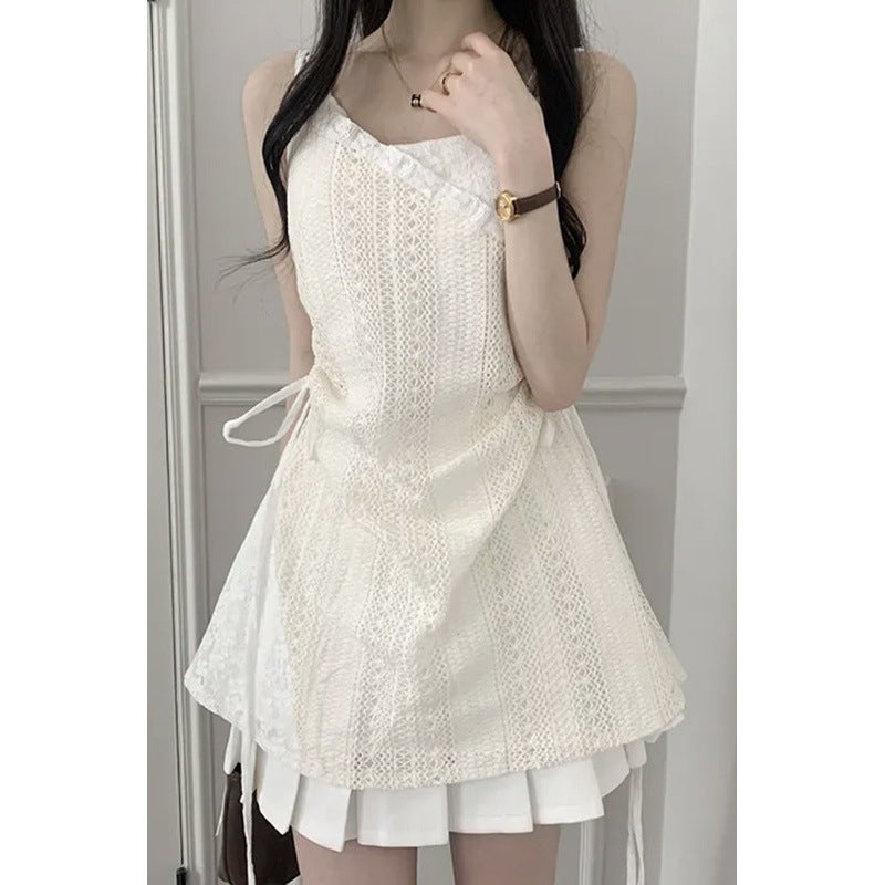 Fairy White Lace Hollow Suspender Dress For Women Korean Niche Gauze Skirt Slimming Layered Lace-Up Elegant Short Skirt - Image 2