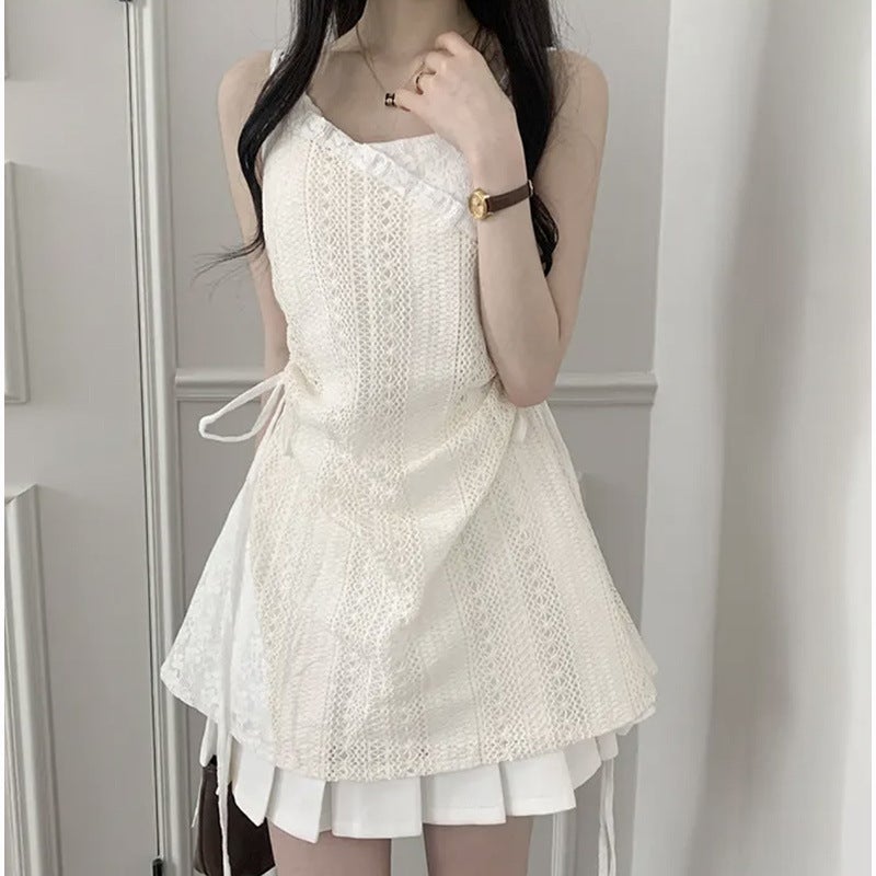 Fairy White Lace Hollow Suspender Dress For Women Korean Niche Gauze Skirt Slimming Layered Lace-Up Elegant Short Skirt - Image 1