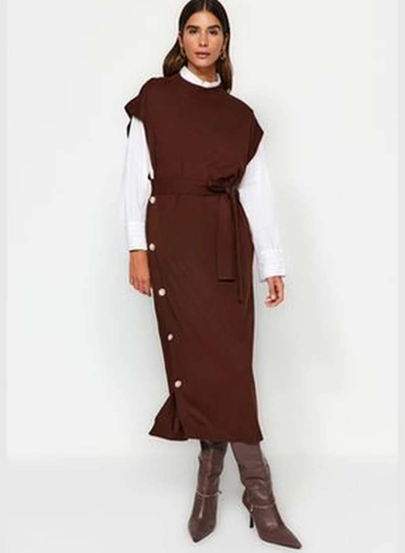 trendyol Dark Brown Button Detailed Knitwear Sweater Dress TCTAW24UV00038