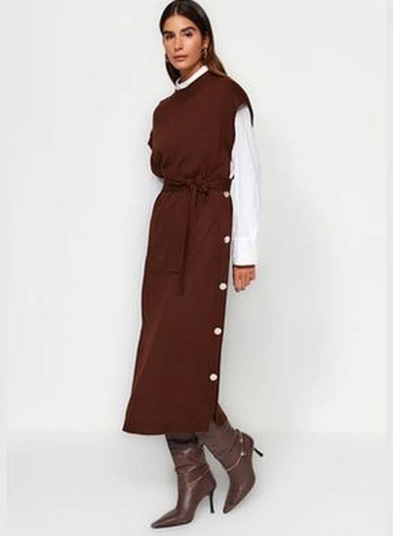 trendyol Dark Brown Button Detailed Knitwear Sweater Dress TCTAW24UV00038