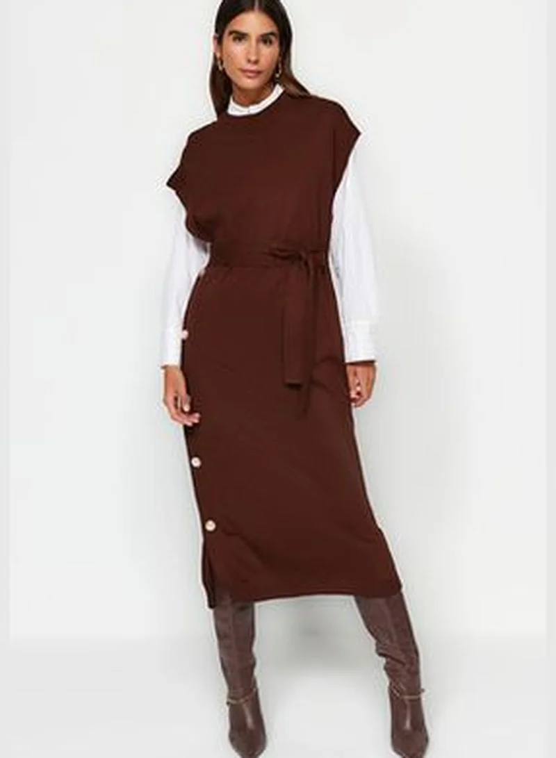 trendyol Dark Brown Button Detailed Knitwear Sweater Dress TCTAW24UV00038