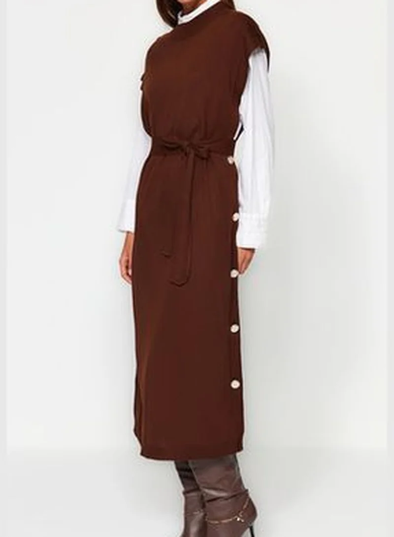 trendyol Dark Brown Button Detailed Knitwear Sweater Dress TCTAW24UV00038