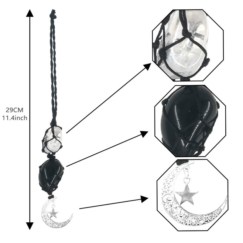 Persofine Crystals Obsidian Crystal Stone Cute Boho Car Mirror Hanging Accessories for Women and Men,Car Charm for Rear View Mirror Ornaments Decor with Moon and Star - Image 2