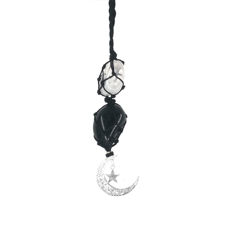 Persofine Crystals Obsidian Crystal Stone Cute Boho Car Mirror Hanging Accessories for Women and Men,Car Charm for Rear View Mirror Ornaments Decor with Moon and Star - Image 1