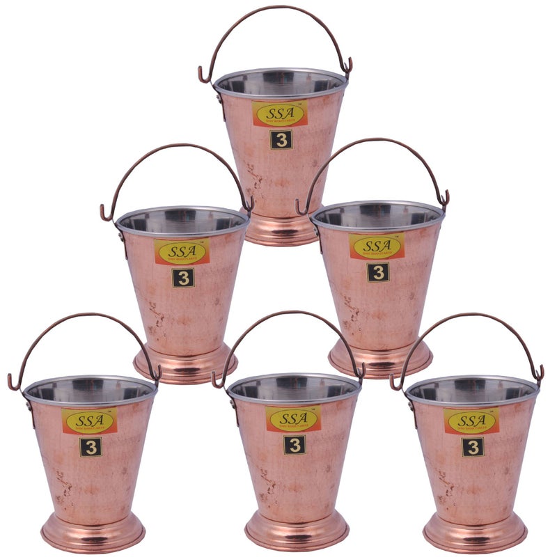 SHIV SHAKTI ARTS SHIV SHAKTI ARTS 15.5 x 13 X 10 cm Handmade Set of 6 Traditional Steel Copper Bucket/Copper Balti Volume 700 ML Each for a Vegetable Dish Serving Restaurant Ware Hotel Ware Home Gift  - Image 1