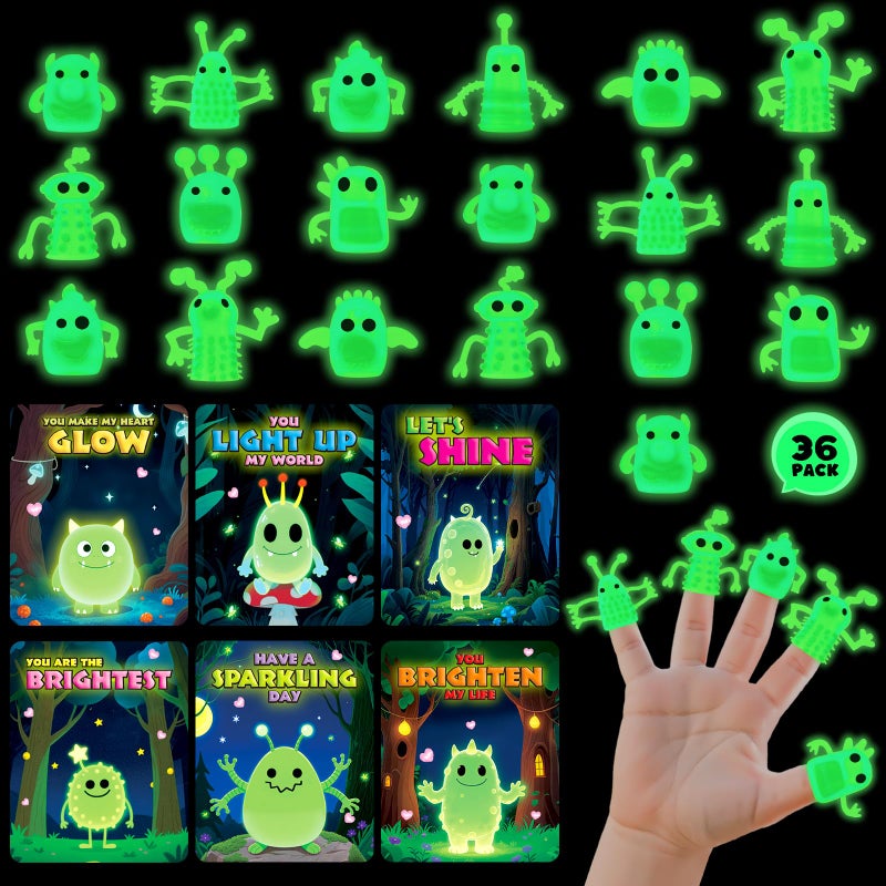spring flower SpringFlower Valentines Day Cards for Kids School 36 Pack Glow in The Dark Finger Puppet Toys with Valentines Greeting Cards Valentines Day Gifts Exchange Party Favors Prizes Set for Kids - Image 3