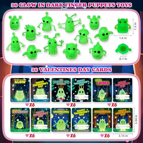 spring flower SpringFlower Valentines Day Cards for Kids School 36 Pack Glow in The Dark Finger Puppet Toys with Valentines Greeting Cards Valentines Day Gifts Exchange Party Favors Prizes Set for Kids - Image 5