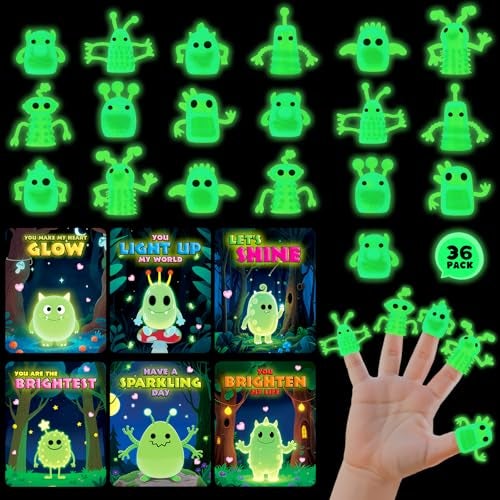 spring flower SpringFlower Valentines Day Cards for Kids School 36 Pack Glow in The Dark Finger Puppet Toys with Valentines Greeting Cards Valentines Day Gifts Exchange Party Favors Prizes Set for Kids - Image 1