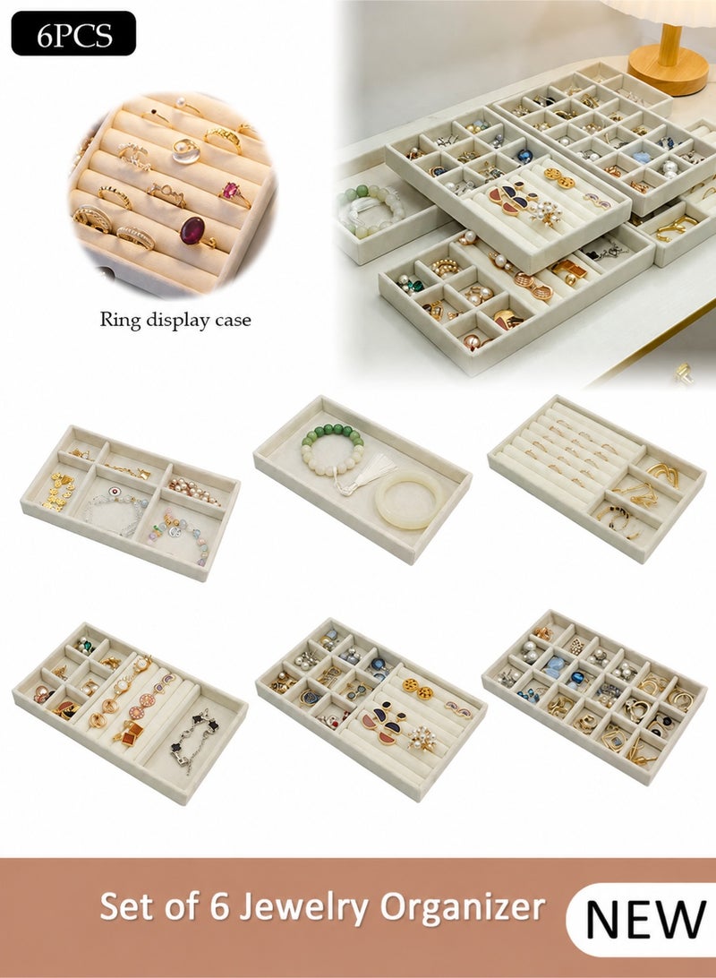YIM-VIBEHAUS Stackable Jewelry Trays Organizer, 6 Pack Jewelry Box Accessories Tray Earring, Ring, Gadgets & Cosmetics, Jewelry Display Organizer Necklace Storage Showcase Bracelet Jewelry Organizer Box with Removable Inner Dividers Beige - Image 1