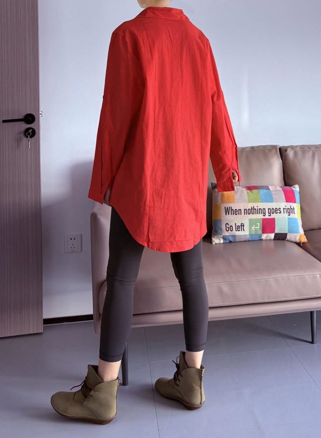 Minibee Women's Linen Blouse High Low Shirt Roll-Up Sleeve Tops, Red, L - Image 5