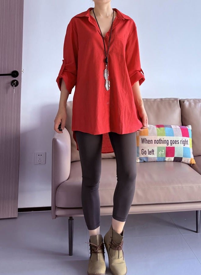 Minibee Women's Linen Blouse High Low Shirt Roll-Up Sleeve Tops, Red, L - Image 2