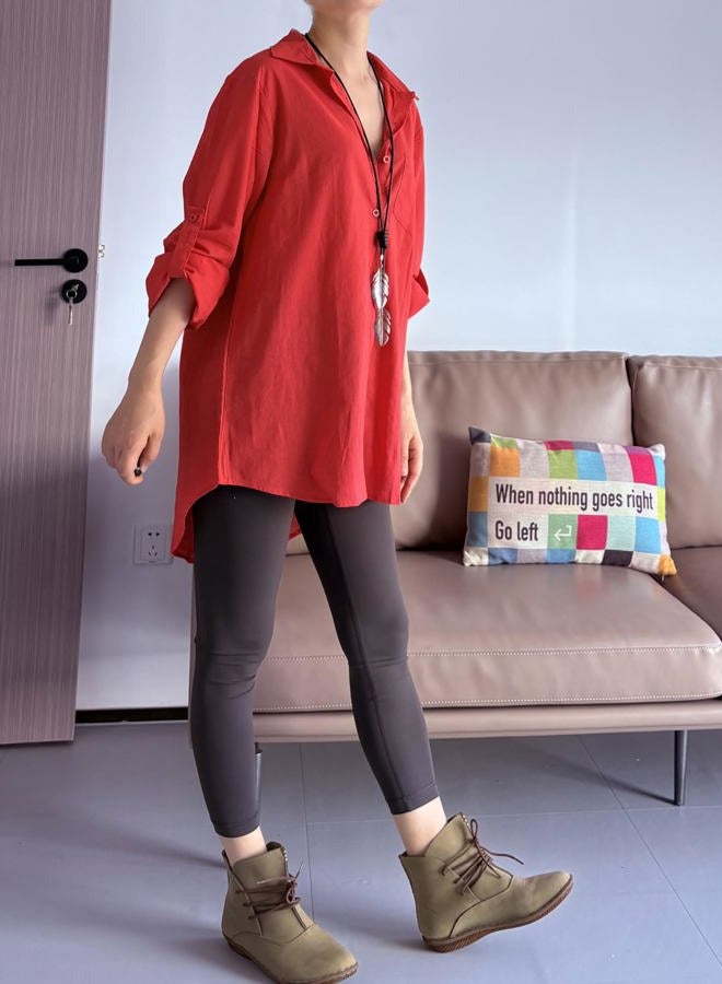 Minibee Women's Linen Blouse High Low Shirt Roll-Up Sleeve Tops, Red, L - Image 3