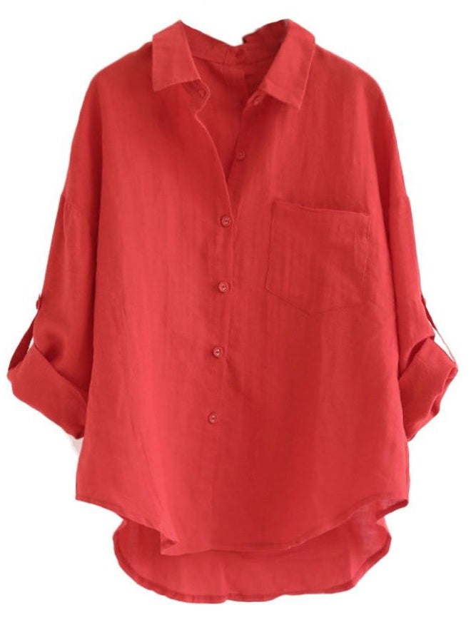 Minibee Women's Linen Blouse High Low Shirt Roll-Up Sleeve Tops, Red, L - Image 1