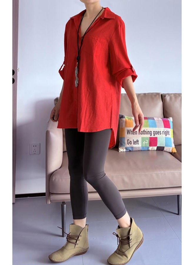 Minibee Women's Linen Blouse High Low Shirt Roll-Up Sleeve Tops, Red, L - Image 4