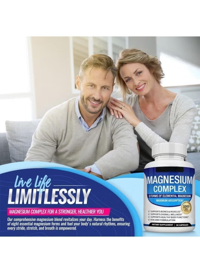 توب لوكس المغنيسيوم المعقد الملحق 8 المغنيسيوم العنصري 1000mg - المغنيسيوم غليسينات، سيترات، مالات، تورات، الكيلات لسهولة امتصاص العظام، العضلات، التعافي، الطاقة، نباتية غير المعدلة وراثيا 90 كبسولات - Image 3