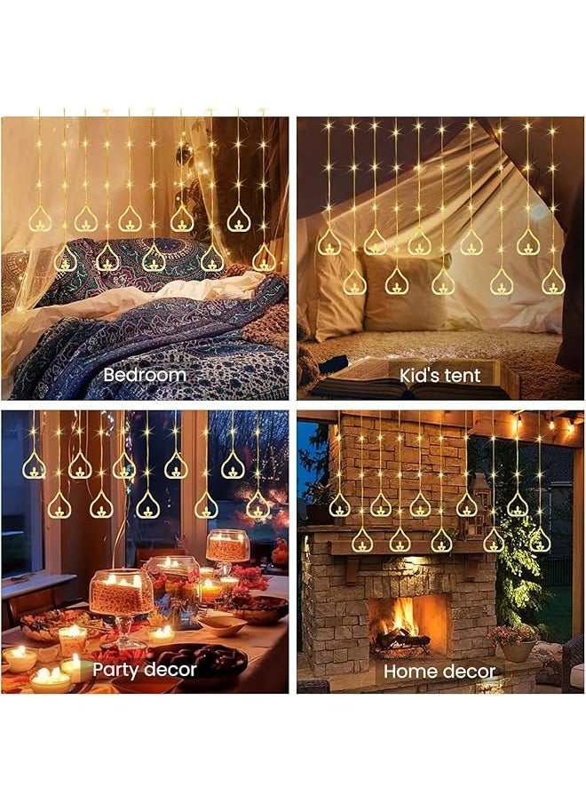 سلسلة أضواء ستائرية، سلسلة أضواء LED، سلسلة أضواء معلقة تعمل بمنفذ USB مع جهاز تحكم عن بعد لحفلات رمضان المنزلية والعطلات، 8 أوضاع إضاءة، أبيض دافئ