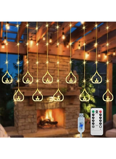 سلسلة أضواء ستائرية، سلسلة أضواء LED، سلسلة أضواء معلقة تعمل بمنفذ USB مع جهاز تحكم عن بعد لحفلات رمضان المنزلية والعطلات، 8 أوضاع إضاءة، أبيض دافئ