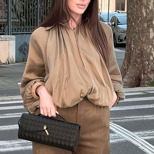 Xunger Women's Puffed Bomber Jacket Oversized Streetwear Casual Batwing Sleeve Lapel Collar Zip Front Pleated Shirts(1036-Khaki-S-RD) - Image 3