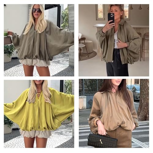 Xunger Women's Puffed Bomber Jacket Oversized Streetwear Casual Batwing Sleeve Lapel Collar Zip Front Pleated Shirts(1036-Khaki-S-RD) - Image 4