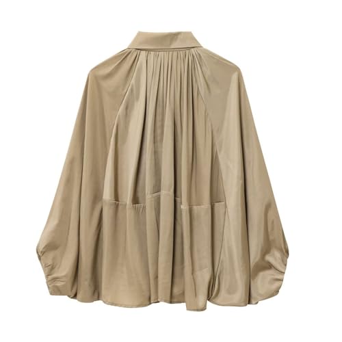 Xunger Women's Puffed Bomber Jacket Oversized Streetwear Casual Batwing Sleeve Lapel Collar Zip Front Pleated Shirts(1036-Khaki-S-RD) - Image 2