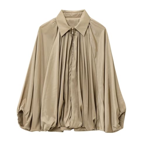 Xunger Women's Puffed Bomber Jacket Oversized Streetwear Casual Batwing Sleeve Lapel Collar Zip Front Pleated Shirts(1036-Khaki-S-RD) - Image 1