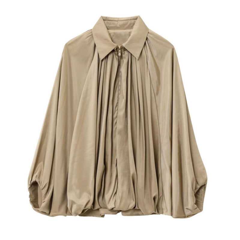 Xunger Women's Puffed Bomber Jacket Oversized Streetwear Casual Batwing Sleeve Lapel Collar Zip Front Pleated Shirts(1036-Khaki-S-RD) - Image 5