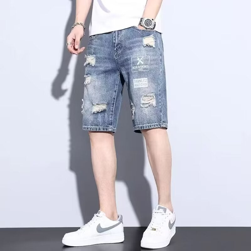 2024 Summer Thin Denim Shorts Boys' Trendy Brand Casual Pants Loose All-Match Beggar'S Rough Pants - Image 2