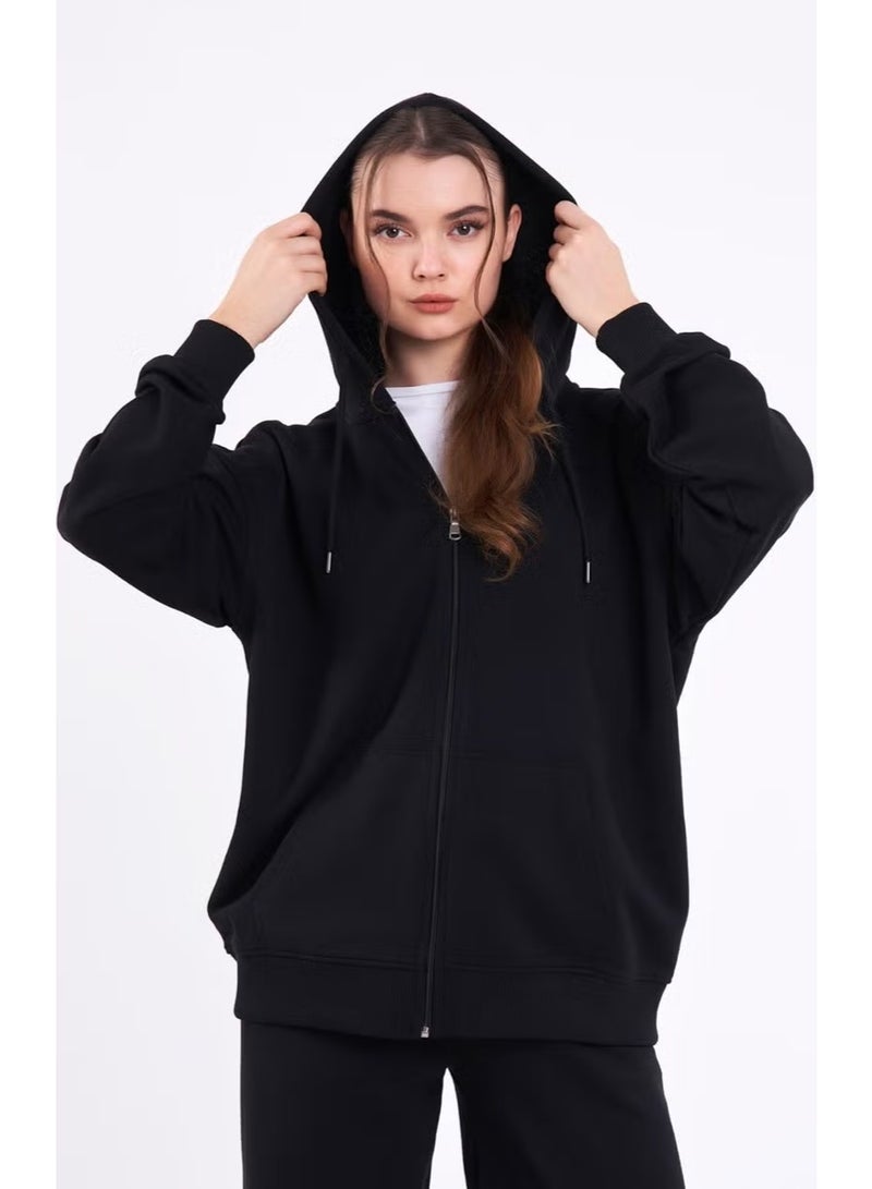 mmetalic Black Kangaroo Pocket Hooded Zipper Oversize Women's Sweatshirt - Image 1