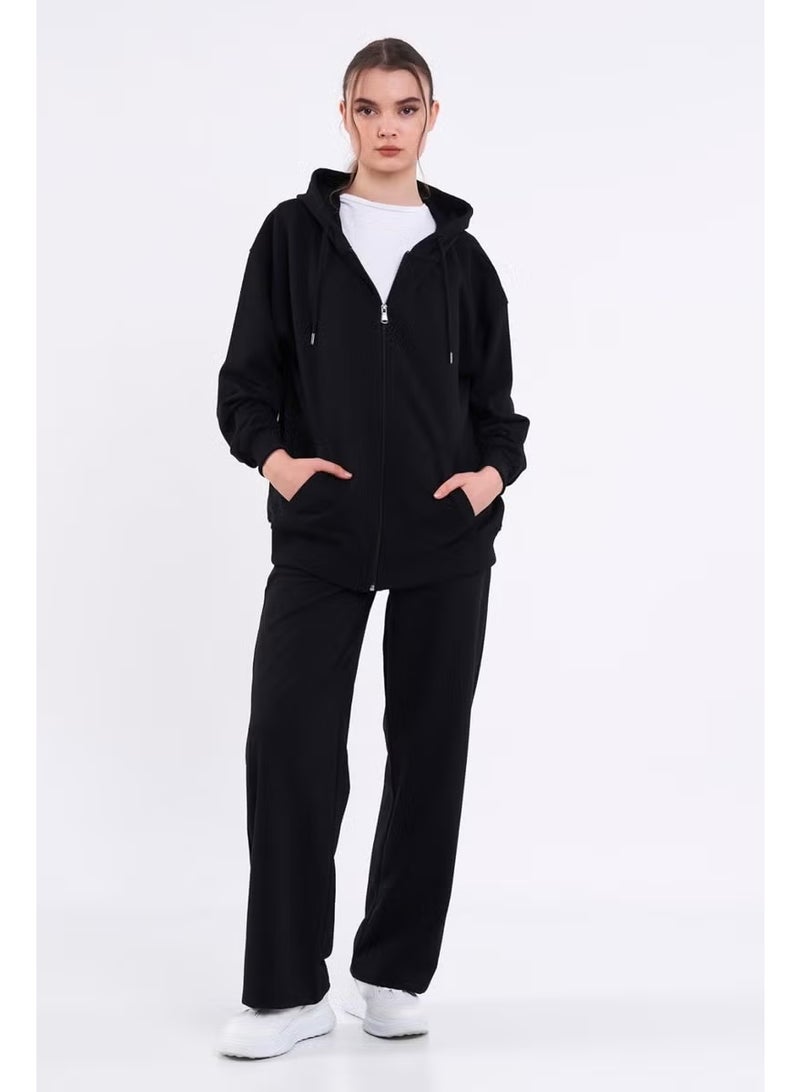 mmetalic Black Kangaroo Pocket Hooded Zipper Oversize Women's Sweatshirt - Image 4