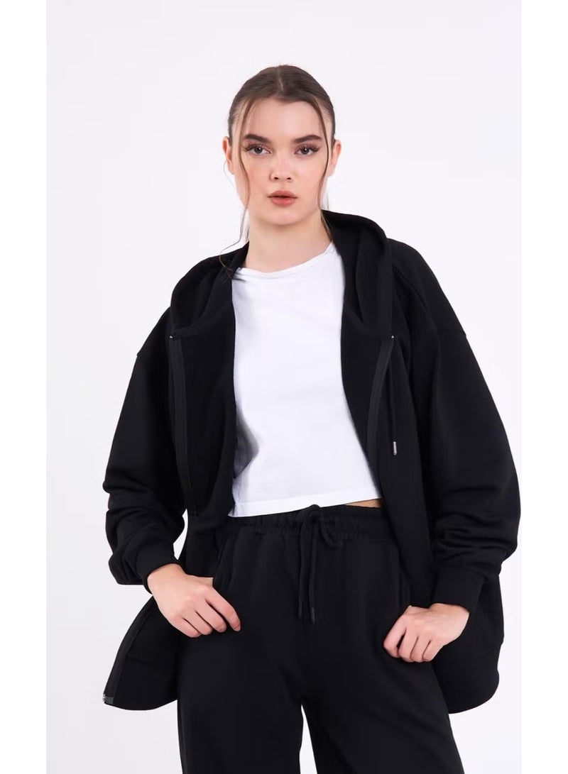 mmetalic Black Kangaroo Pocket Hooded Zipper Oversize Women's Sweatshirt - Image 2