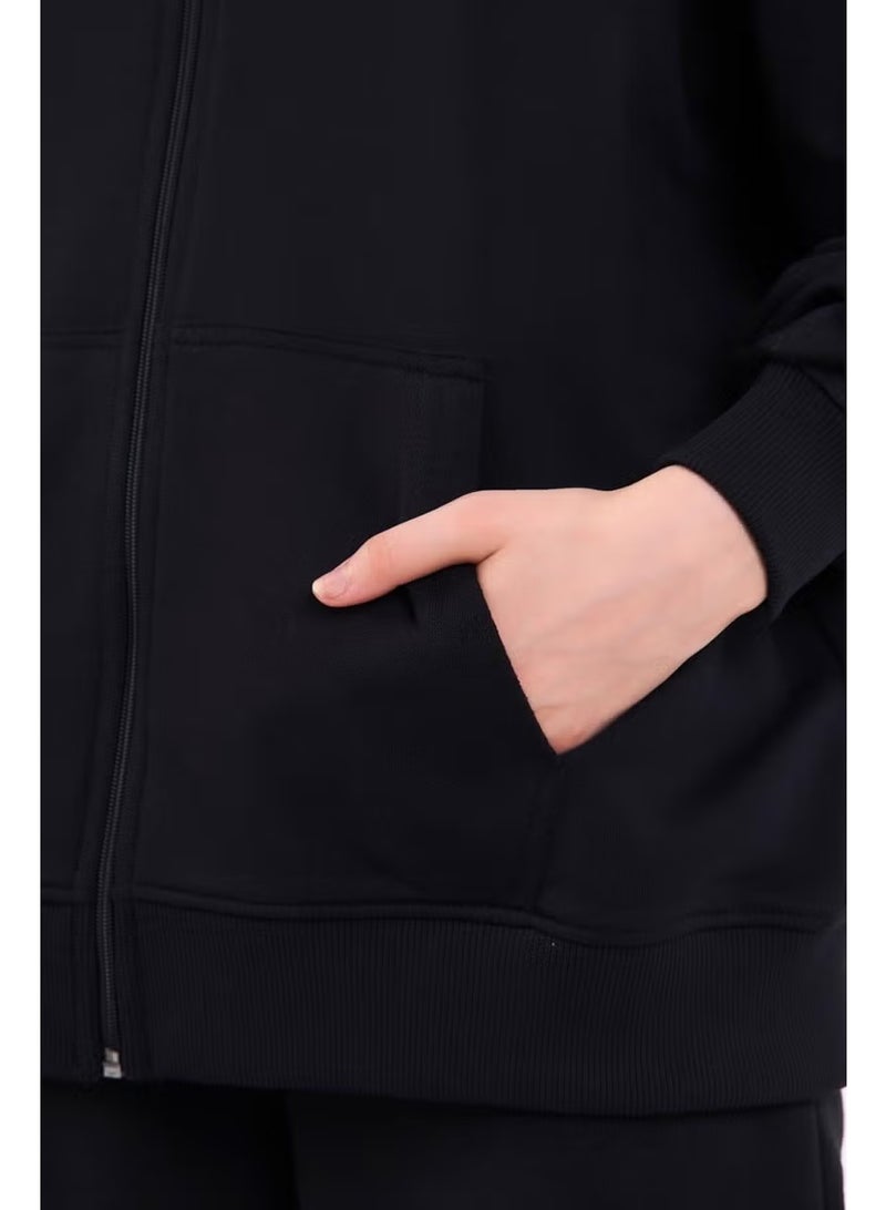 mmetalic Black Kangaroo Pocket Hooded Zipper Oversize Women's Sweatshirt - Image 5