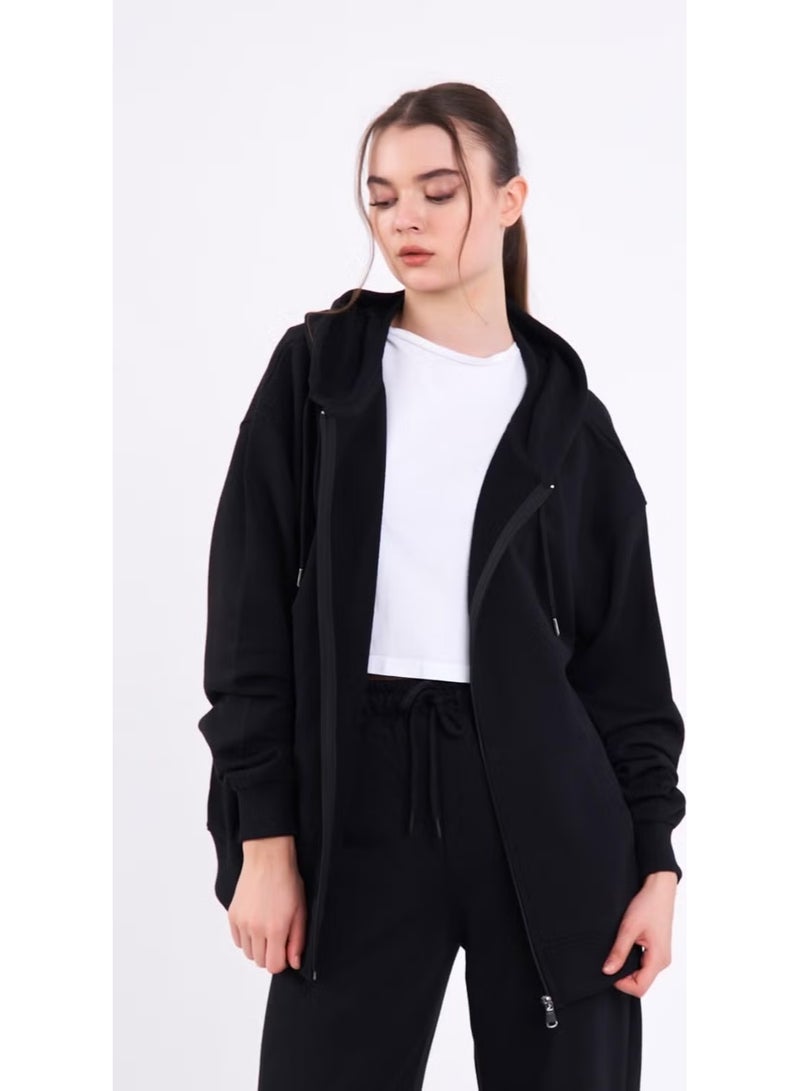 mmetalic Black Kangaroo Pocket Hooded Zipper Oversize Women's Sweatshirt - Image 3