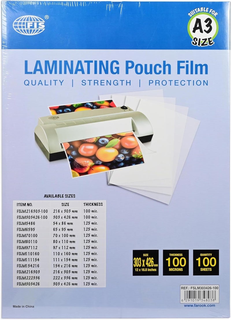 FIS ® Laminating Pouch Film, Size 303x426mm, 100 Micron Thickness, 100 Sheets, Rounded Corners, Suitable Up to A3 Documents-FSLM303426-100 - Image 2
