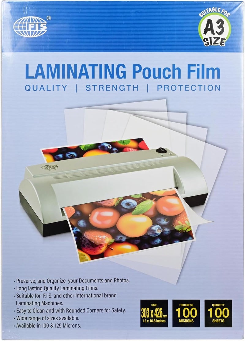 FIS ® Laminating Pouch Film, Size 303x426mm, 100 Micron Thickness, 100 Sheets, Rounded Corners, Suitable Up to A3 Documents-FSLM303426-100 - Image 1