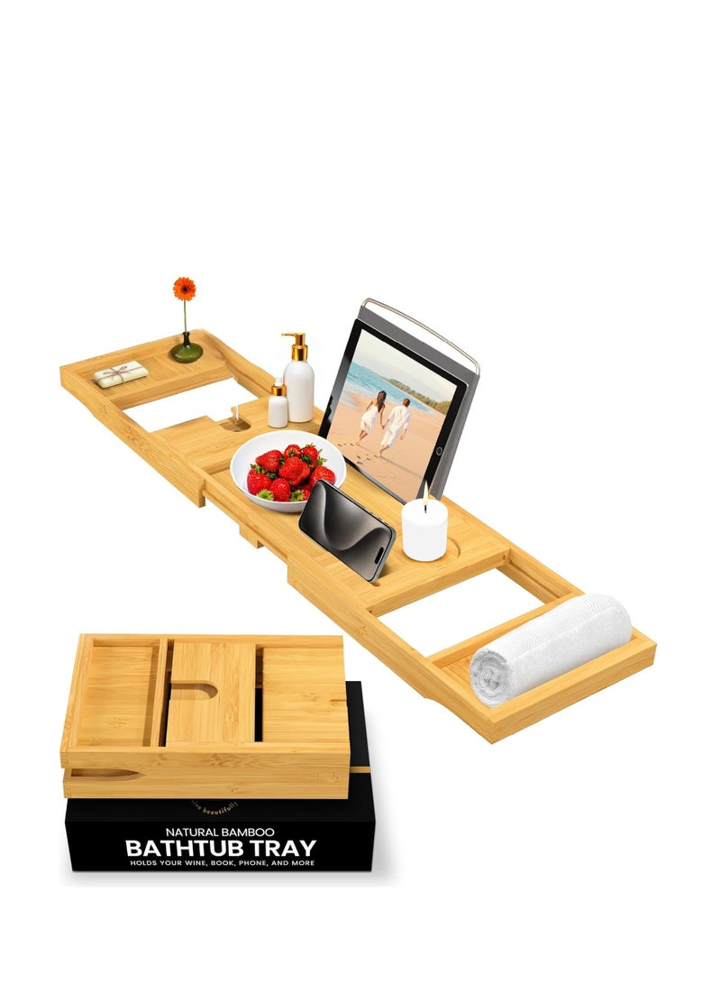 Bambusi Bambusi Foldable Bathtub Tray - Expandable Bamboo Bath caddy with Wine, Book & Tablet Holder - Luxurious Bath Accessories, Perfect Spa Experience - Unique Gifts for Mom, Women, Couples, Housewarming  - Image 1