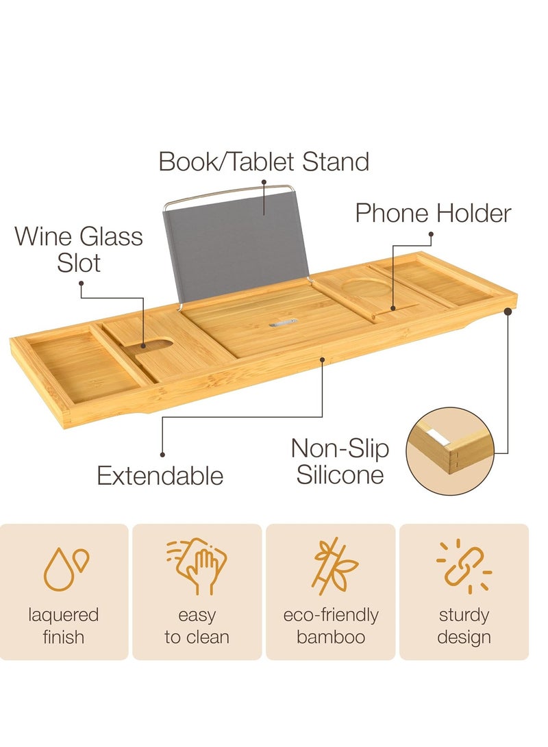 Bambusi Bambusi Foldable Bathtub Tray - Expandable Bamboo Bath caddy with Wine, Book & Tablet Holder - Luxurious Bath Accessories, Perfect Spa Experience - Unique Gifts for Mom, Women, Couples, Housewarming  - Image 5